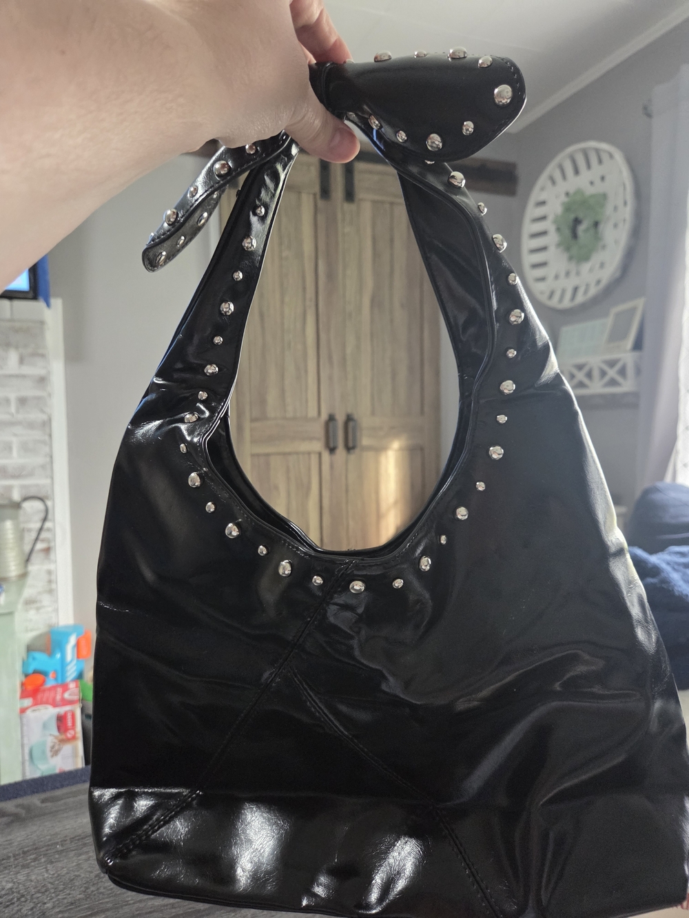 Black Studded Shoulder Hobo Bag - Sleek Everyday Carry